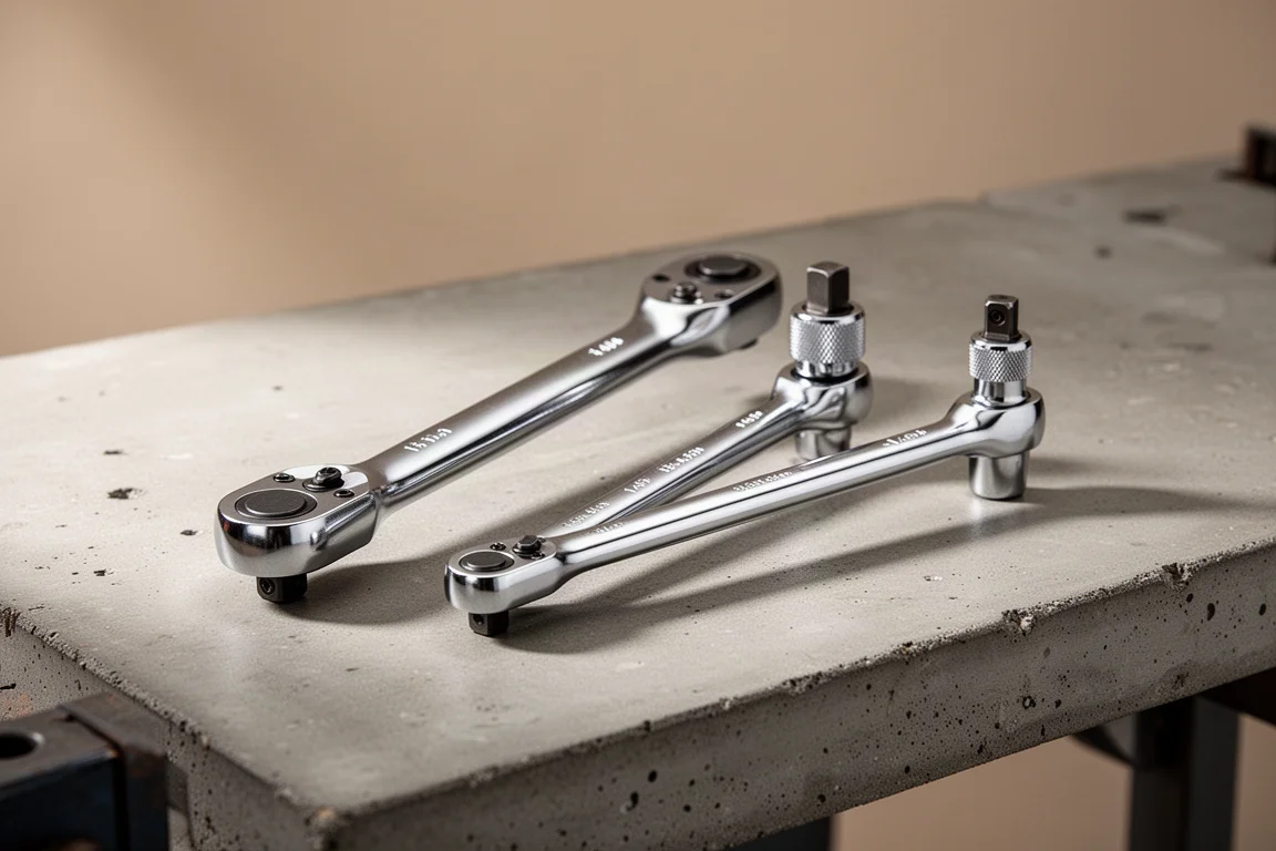 Three Icon G2 1/4-inch ratchets of different lengths arranged on a concrete workbench