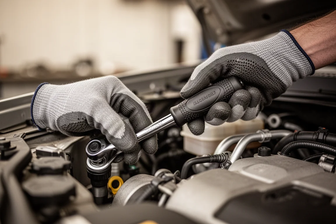 Dłonie mechanika trzymające kompaktową grzechotkę w ciasnej przestrzeni komory silnika