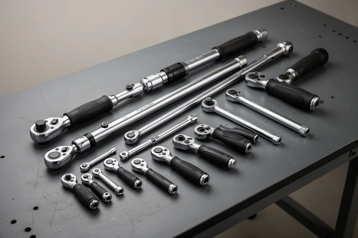 Assortment of hand ratchets in various lengths on a dark workbench
