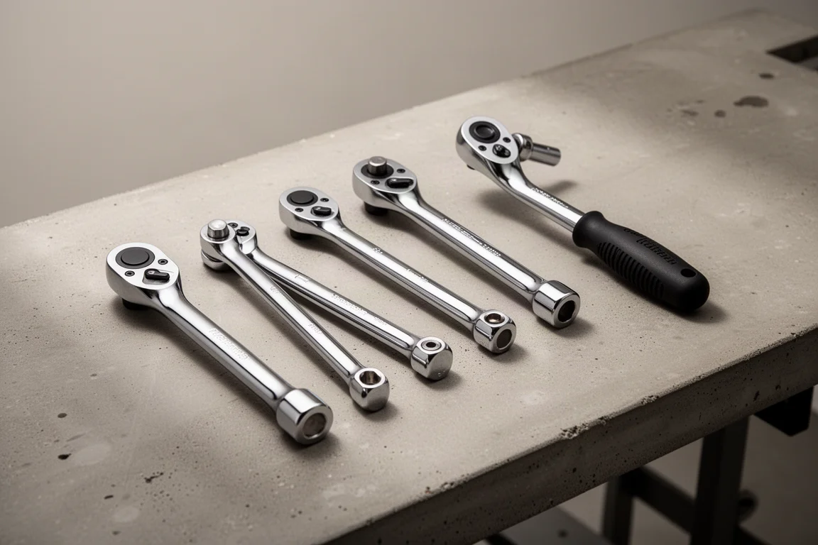 Lineup of five chrome ratchets of varying lengths on a concrete workbench