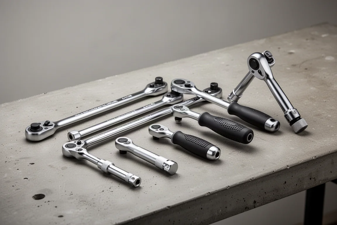 Collection of hand ratchets in different lengths arranged on a concrete workbench