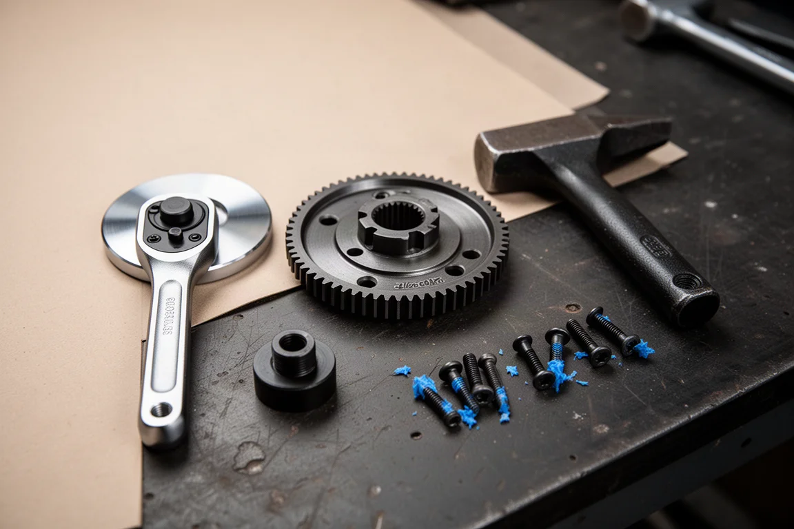 Uit elkaar genomen ratelmechanisme-onderdelen op een werkbank