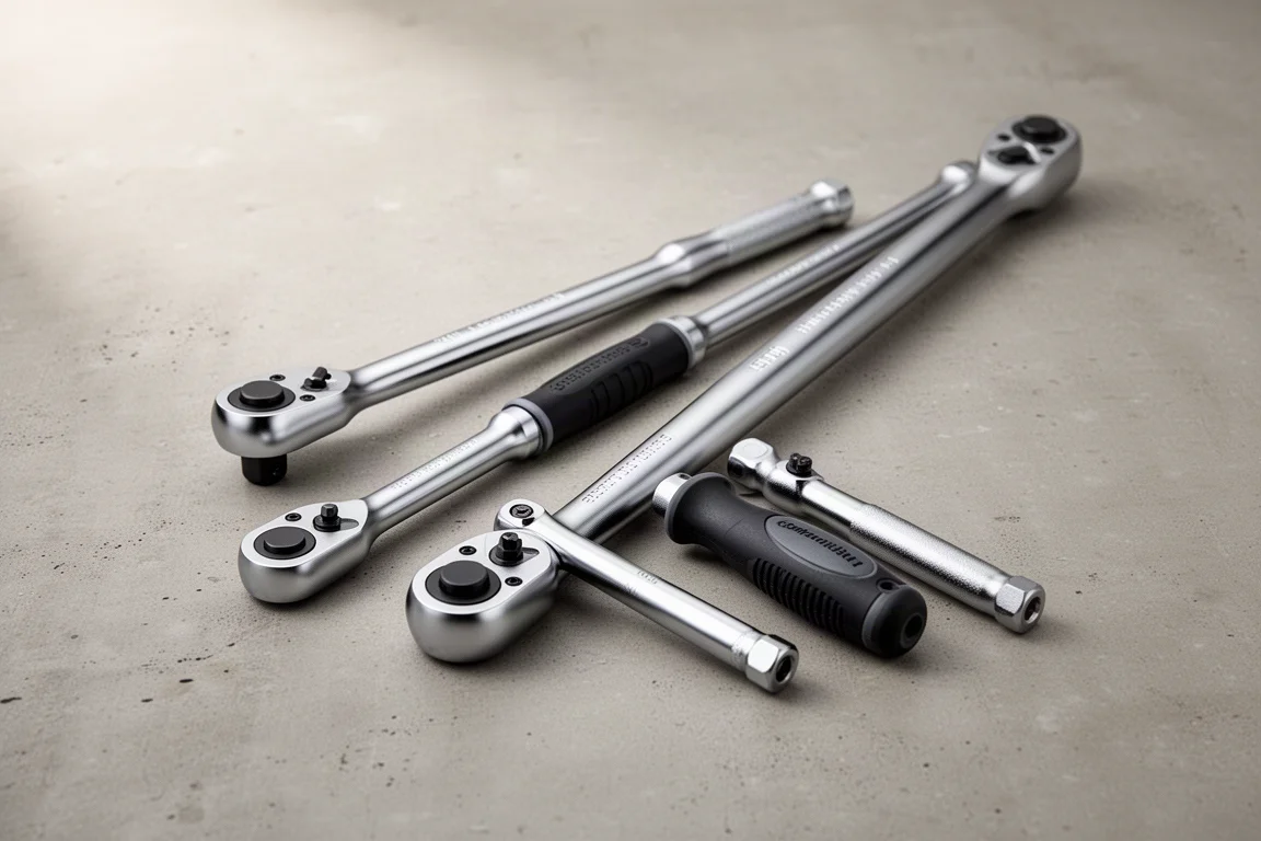 Row of black hand ratchets in graduated sizes on a concrete workbench