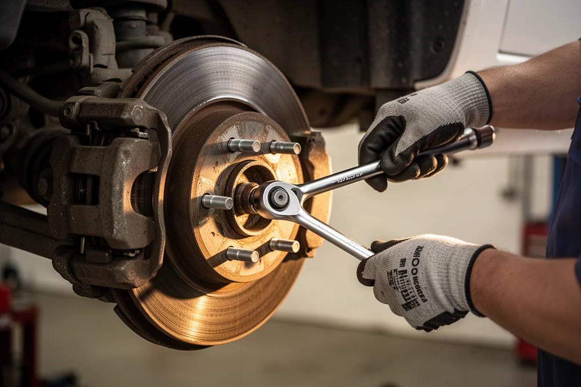 Mechanic using a ratchet to loosen a bolt on a truck brake assembly