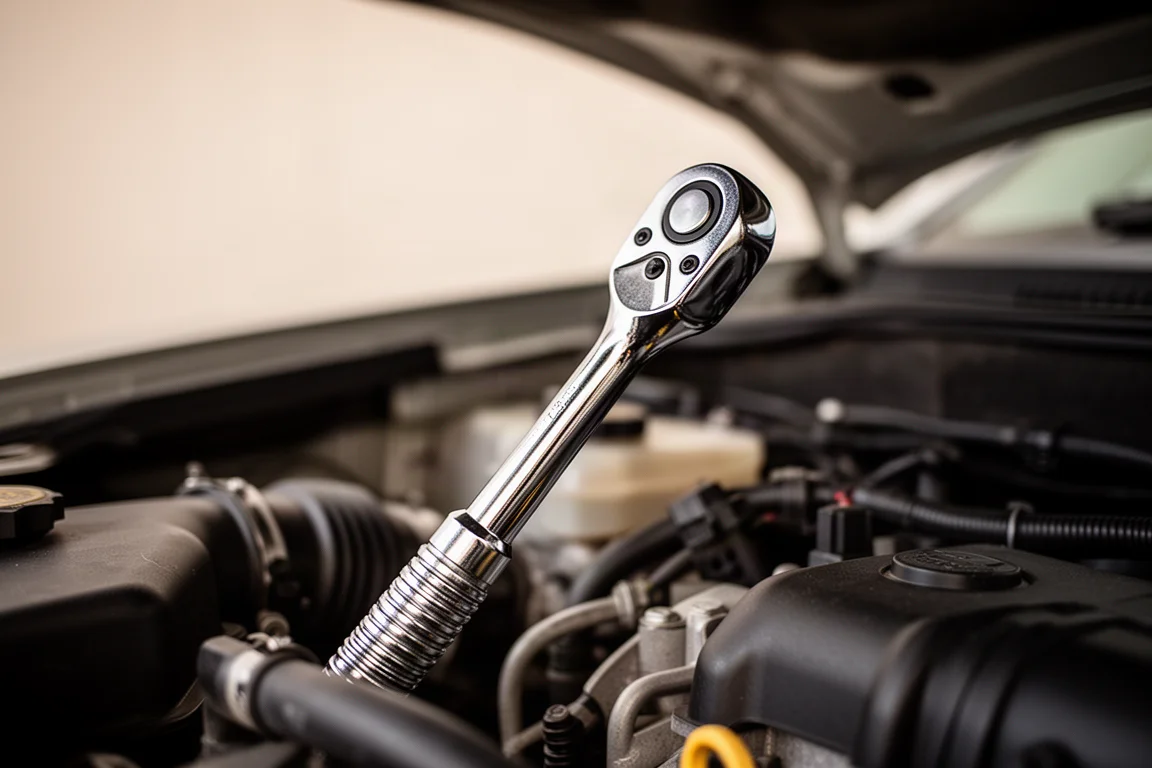 Close-up of a flex head ratchet pivoting at an angle in a tight engine bay