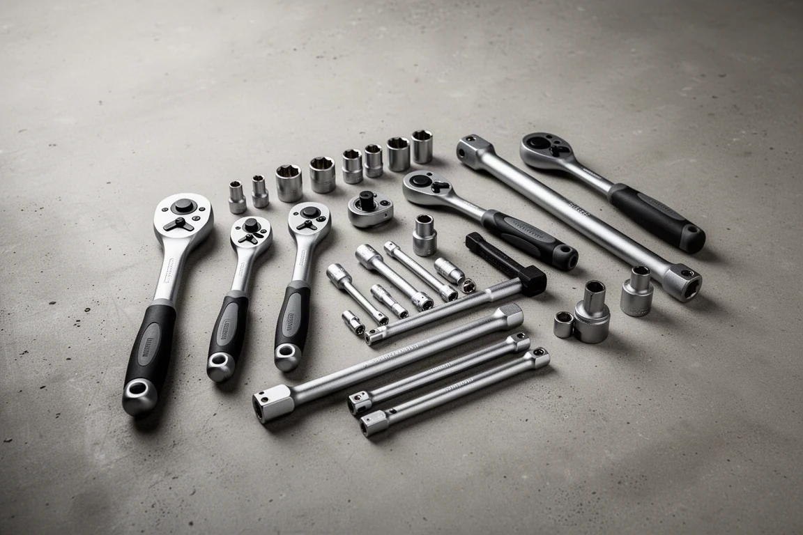Overhead flat-lay of ratchets and socket accessories on a workshop bench