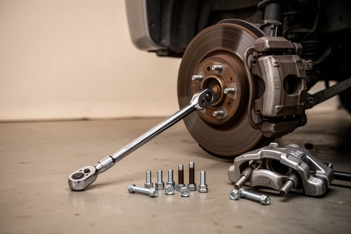 Long half-inch drive ratchet resting beside a truck wheel during brake work