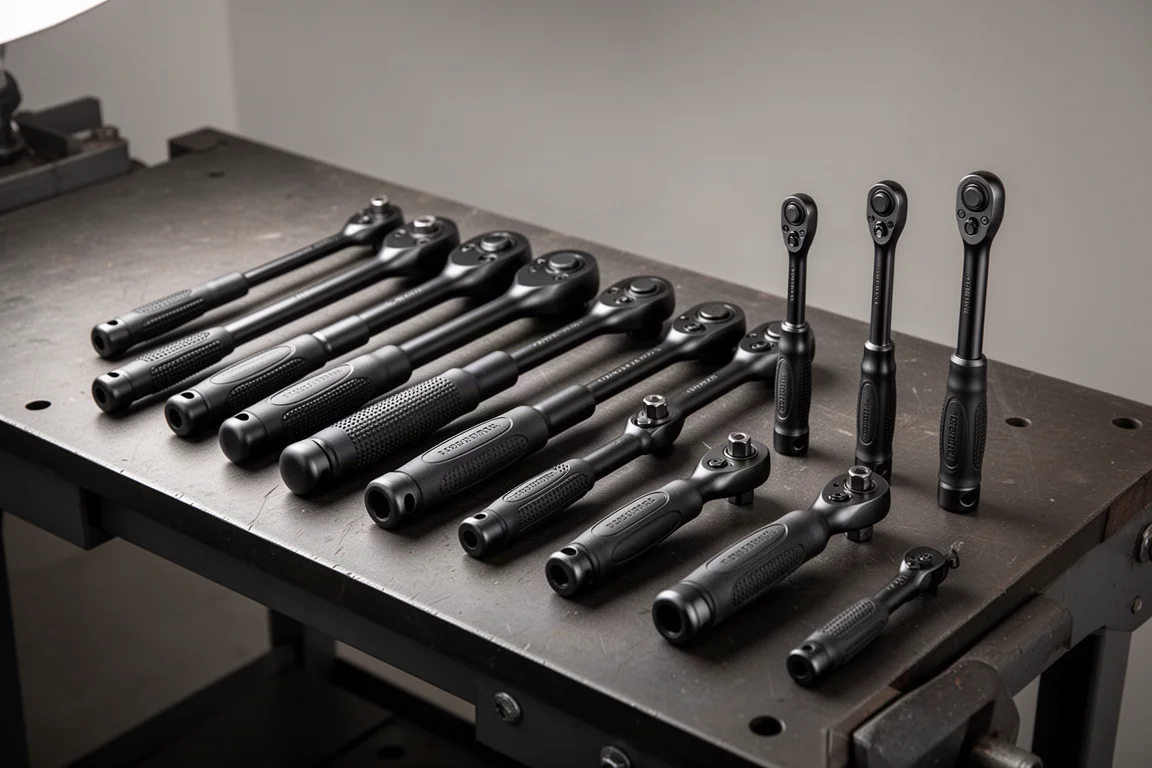 Row of black ratchets with rubber grips arranged on a workshop bench