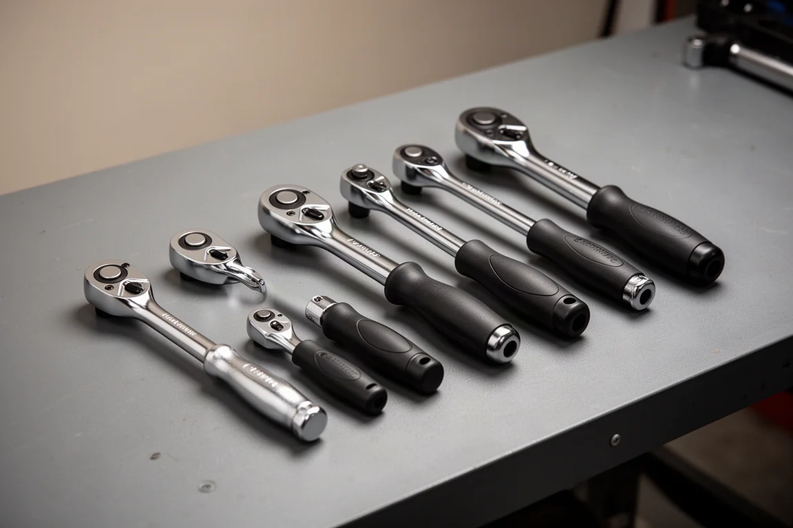 Row of chrome and black hand ratchets of varying lengths on a grey workbench