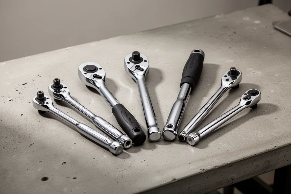 Lineup of five quarter-inch drive ratchets of varying lengths on a workbench