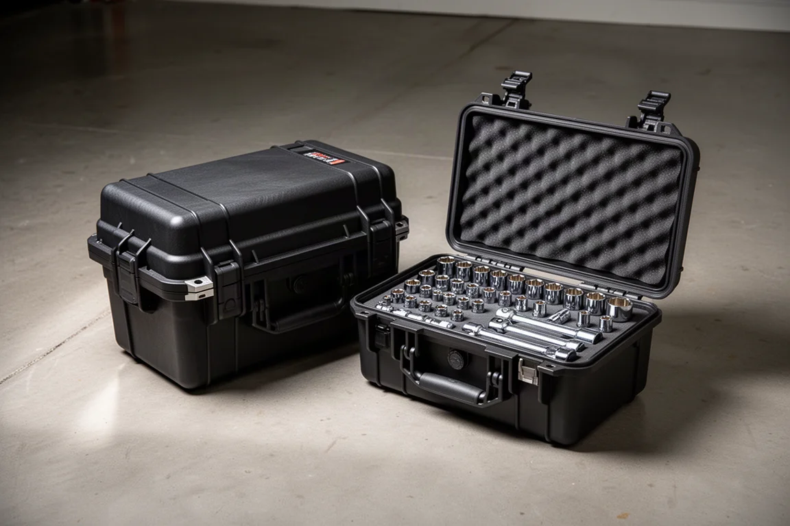 Two black tool cases on concrete, one open showing foam tray of chrome sockets