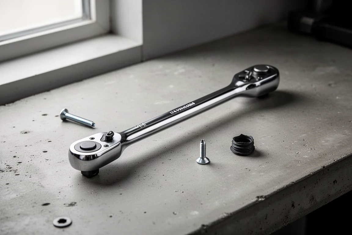 Extra-long chrome 1/4-inch ratchet on a concrete workbench with small parts beside it