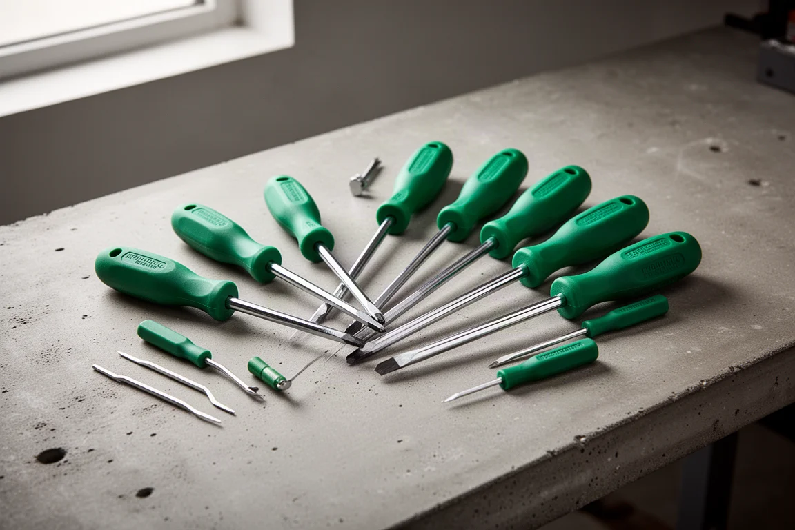 Green-handled screwdrivers and mini picks arranged on a concrete workbench