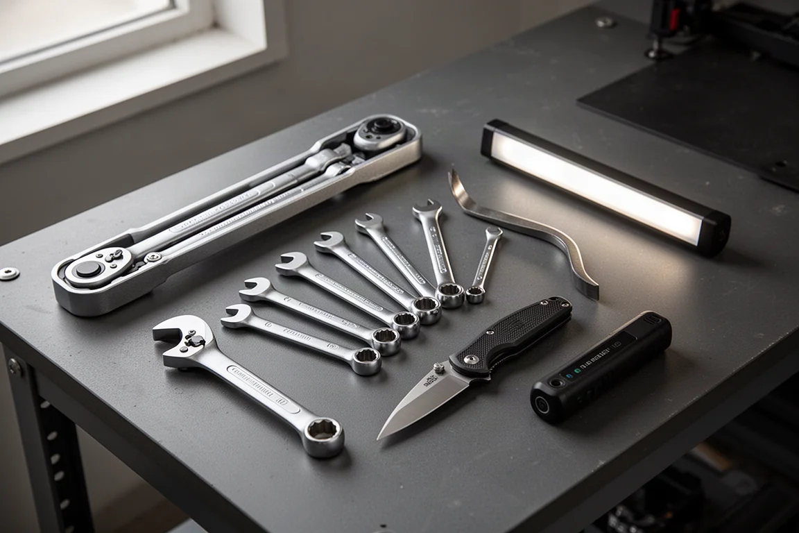 Icon hand tools collection including ratchets, wrenches, pry bar, knife and bar light on a workbench