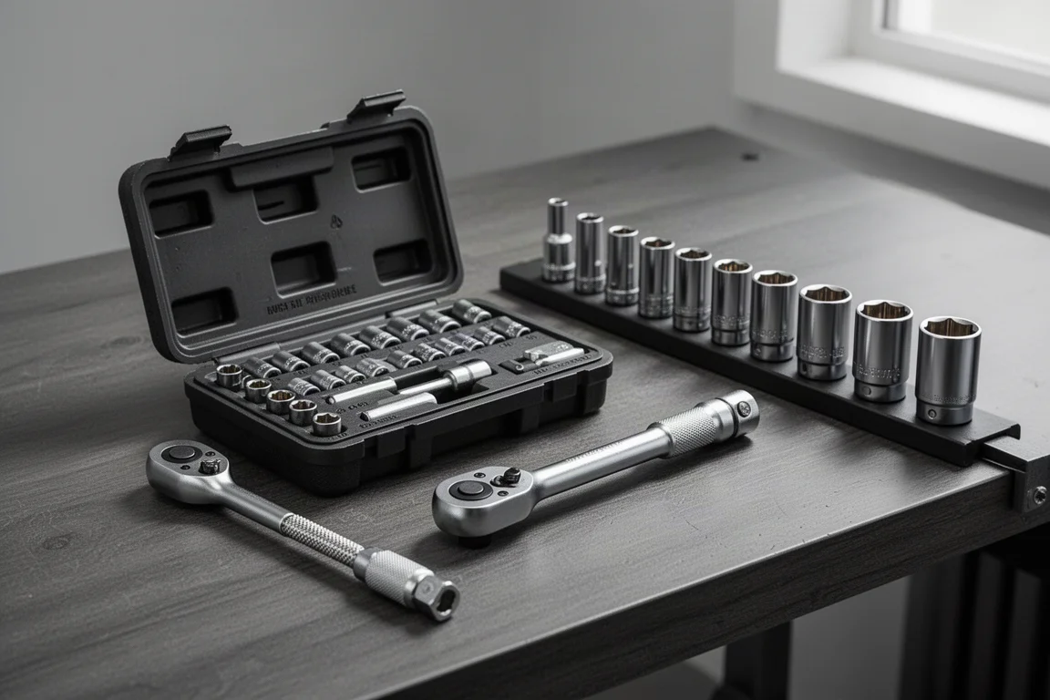 Socket kit, flexible head ratchet, and semi-deep sockets arranged on a workbench