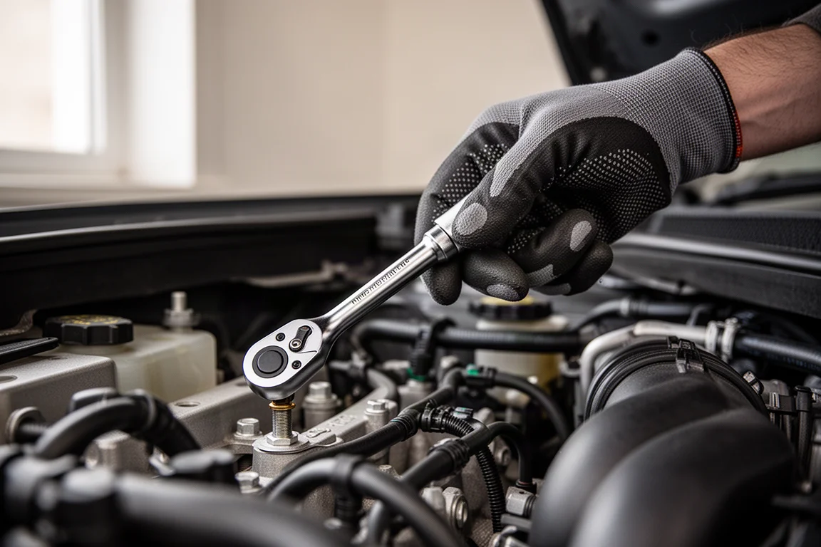 Mechanic using a flex head ratchet on a bolt in a tight engine bay
