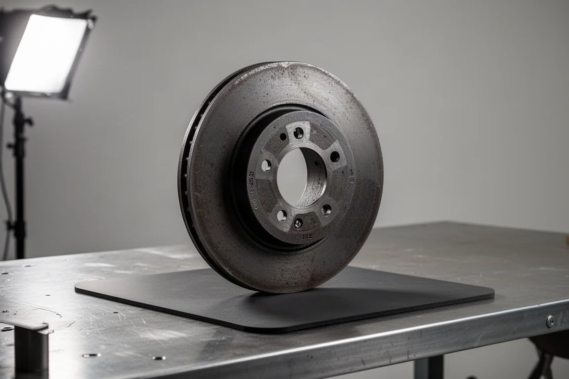 Brake rotor held firmly against a magnetic mat on a workbench