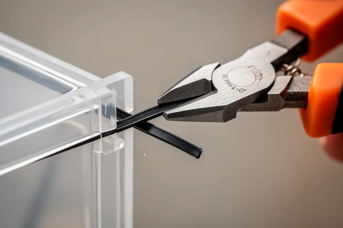 Flush cutters trimming a zip tie flush against a surface