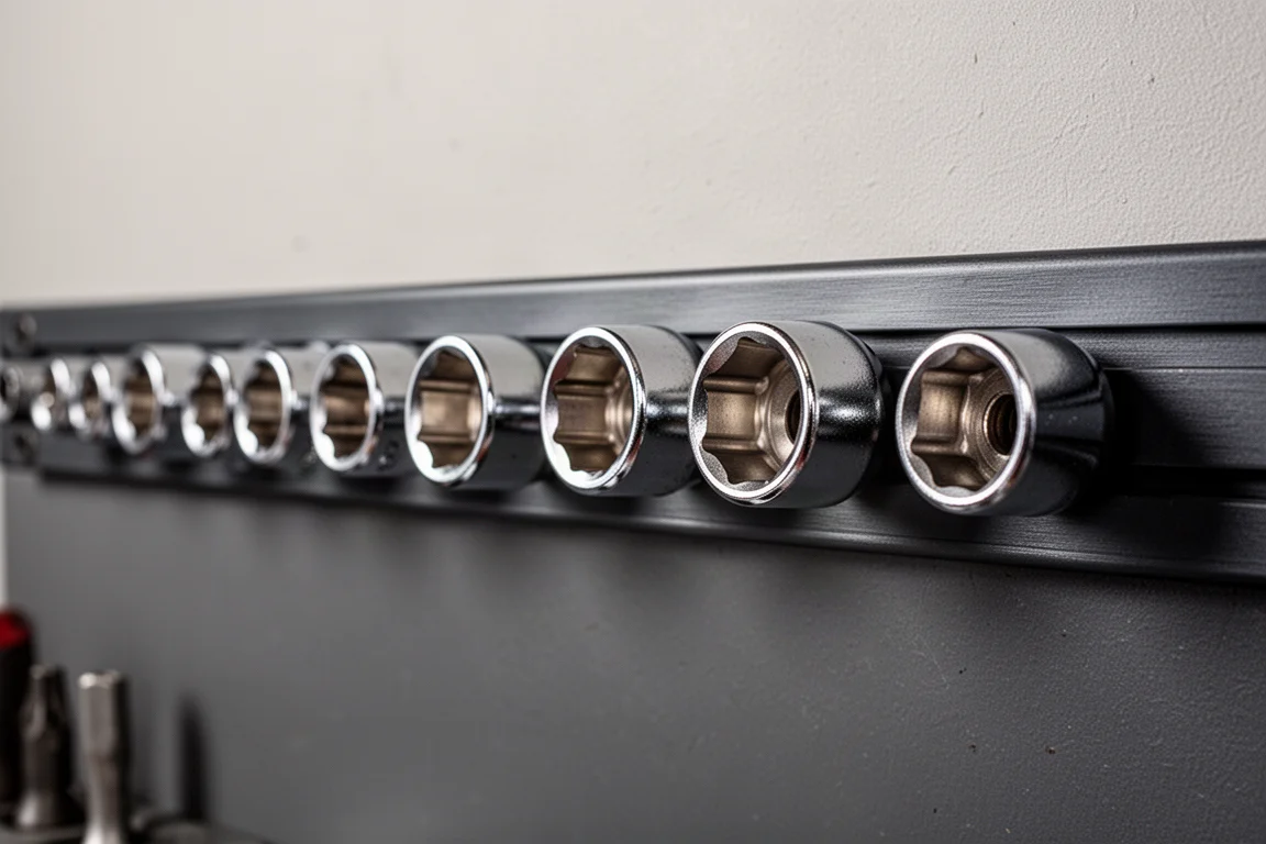Semi-deep sockets arranged on a magnetic rail above a workbench