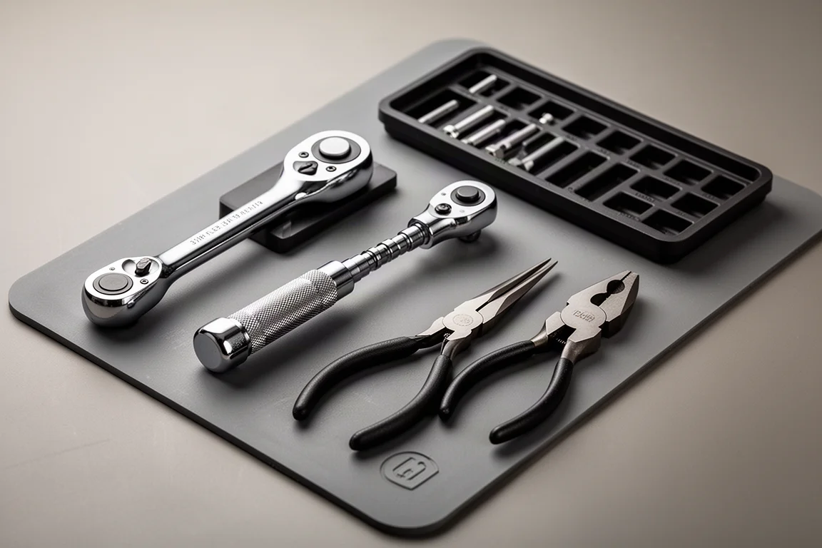 Assorted Icon hand tools including ratchets, pliers, cutters and magnetic mats arranged on a workbench