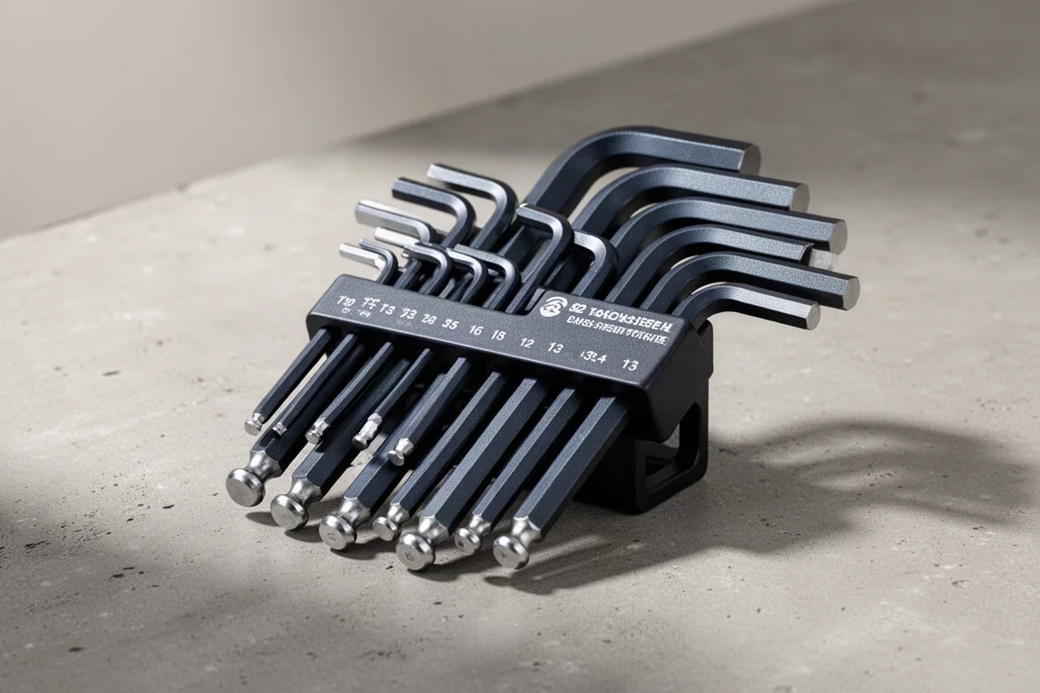 Nine hex L key sets arranged in rows on a matte concrete surface