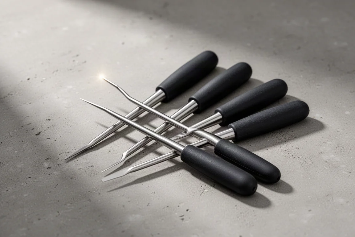 Set of precision mini pick tools with soft-grip handles on concrete surface