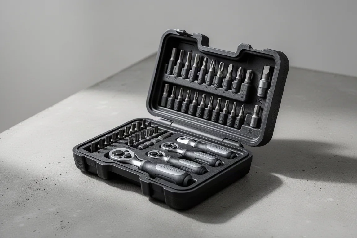 Open rubberized tool case with ratchet drivers and bits neatly organized inside