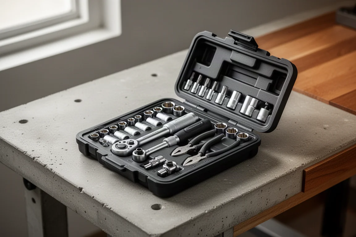 Open compact mini tool kit case with sockets, ratchet, bits, and pliers arranged in molded compartments