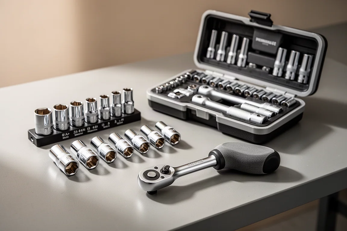 Metric swivel socket sets and a soft handle ratchet arranged on a workbench