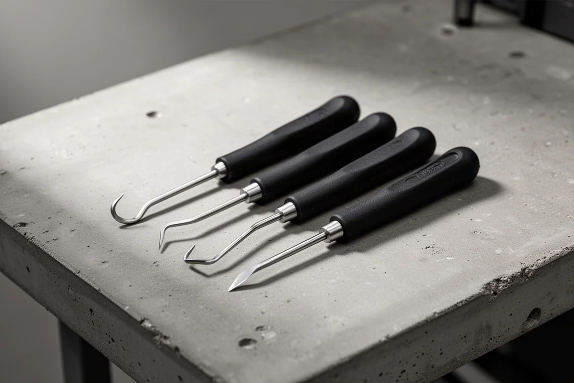 Four-piece mini pick set with rubberized handles fanned out on a workbench