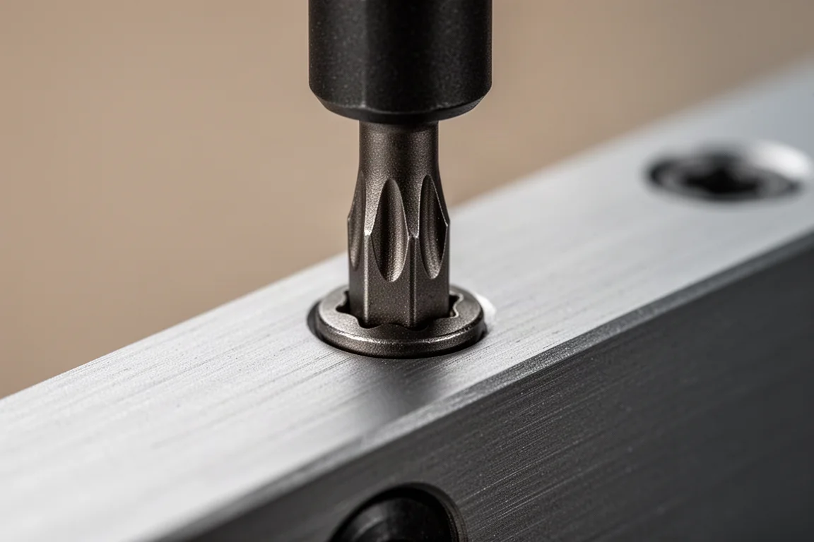 Tournevis mini Torx en place dans une petite fixation sur un composant métallique