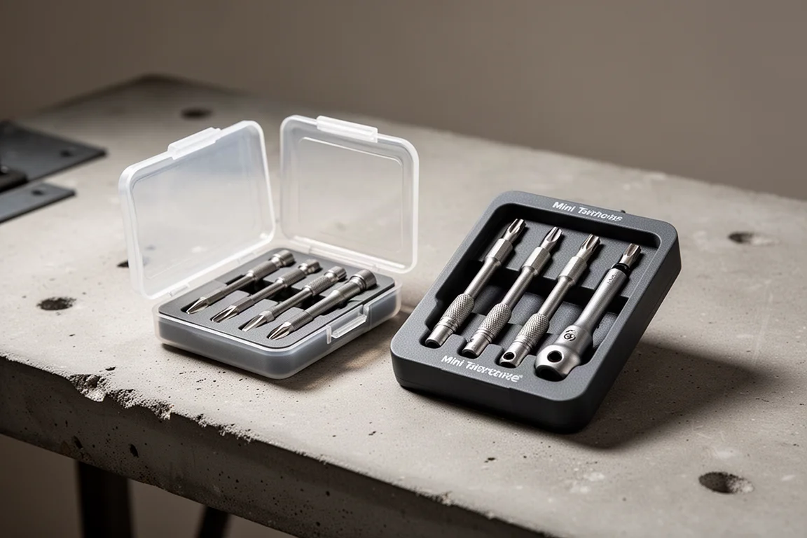 Icon mini screwdriver set and mini torque driver set side by side on a concrete workbench