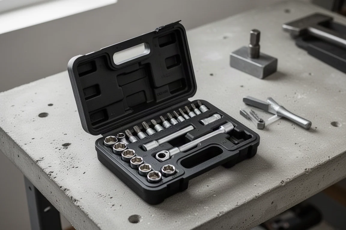 Open compact tool kit on a workbench with small ratchet, sockets and bits laid out