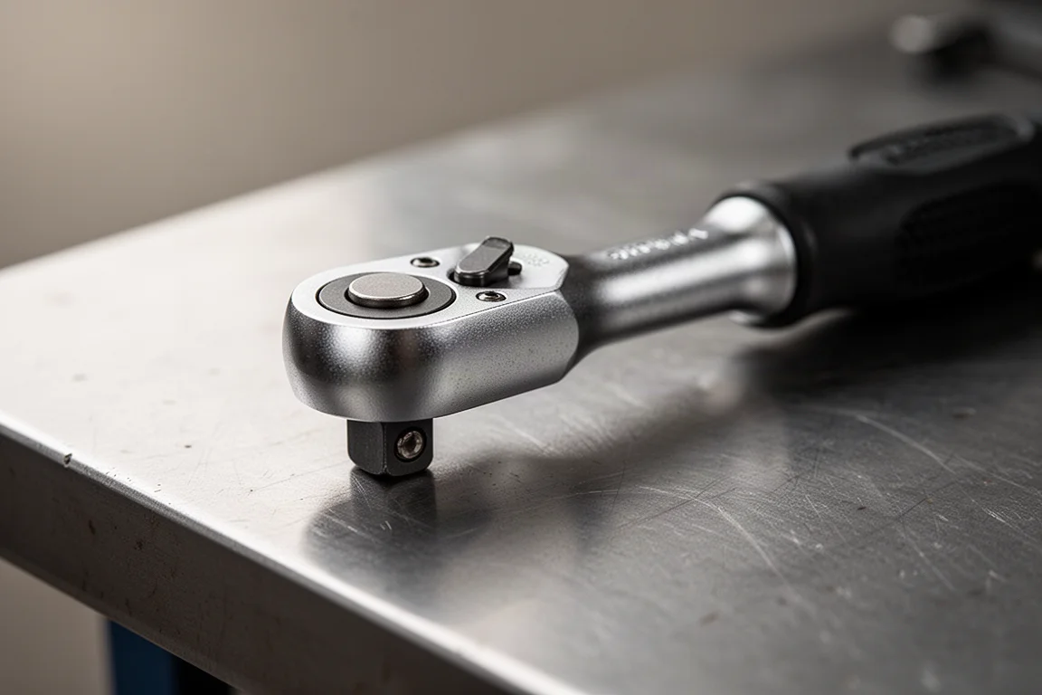 Compact quarter-inch ratchet head close-up on a brushed steel workbench
