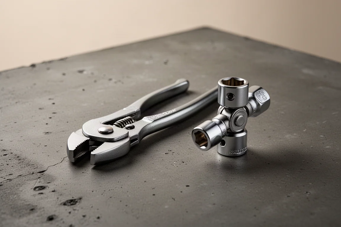 Small pliers and swivel universal joint arranged on dark concrete surface