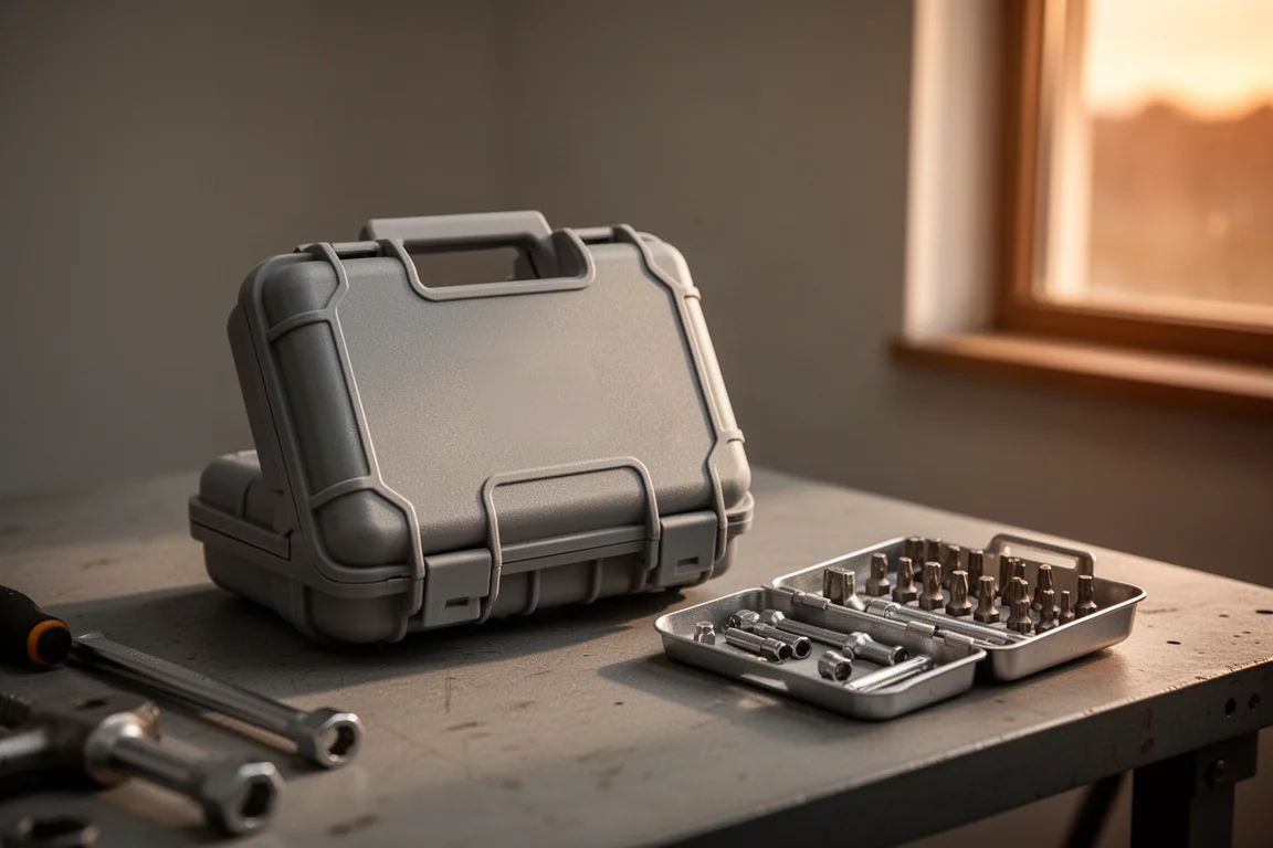 Mini tool kit case closed on a workbench next to a coffee cup in evening light