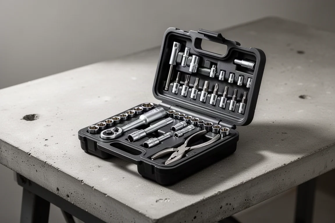 Open compact mini tool kit on a workbench with small ratchet, sockets and pliers