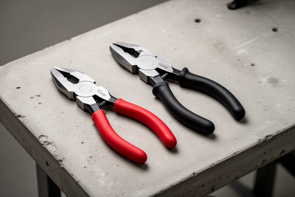 Two 7-inch diagonal pliers side by side on a concrete workbench