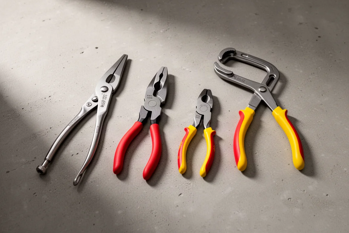 Assortment of hand pliers arranged on a concrete workbench