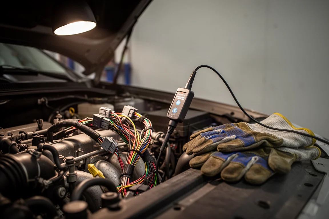 chicote de fios automotivo no compartimento do motor com uma ponta de prova conectada