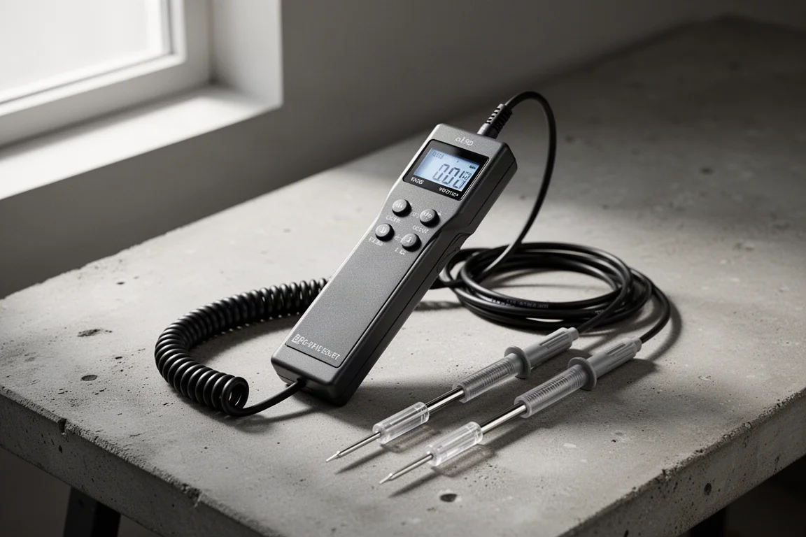 Digital circuit tester with display, cable, and probes on a concrete workbench