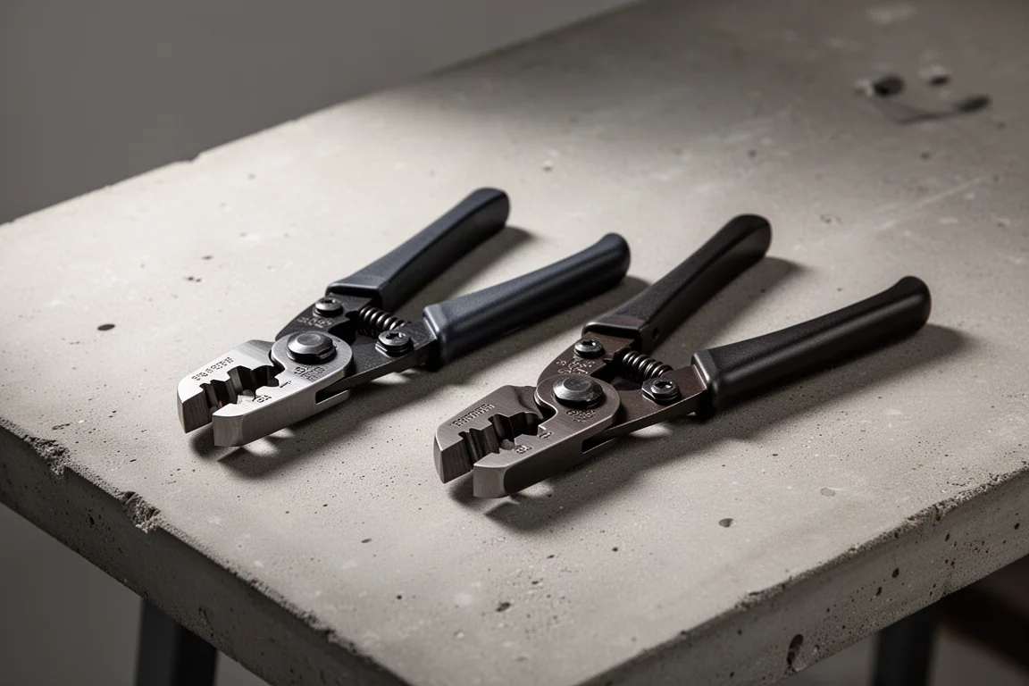 Two wire stripper pliers side by side on a concrete workbench