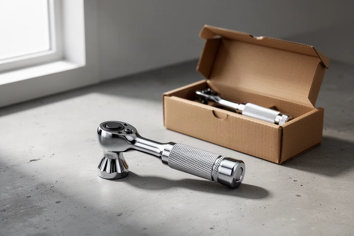 Icon R1ST G2 stubby ratchet on concrete beside its opened retail box