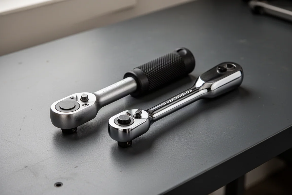 Two compact stubby 3/8 ratchets side by side on a dark workbench