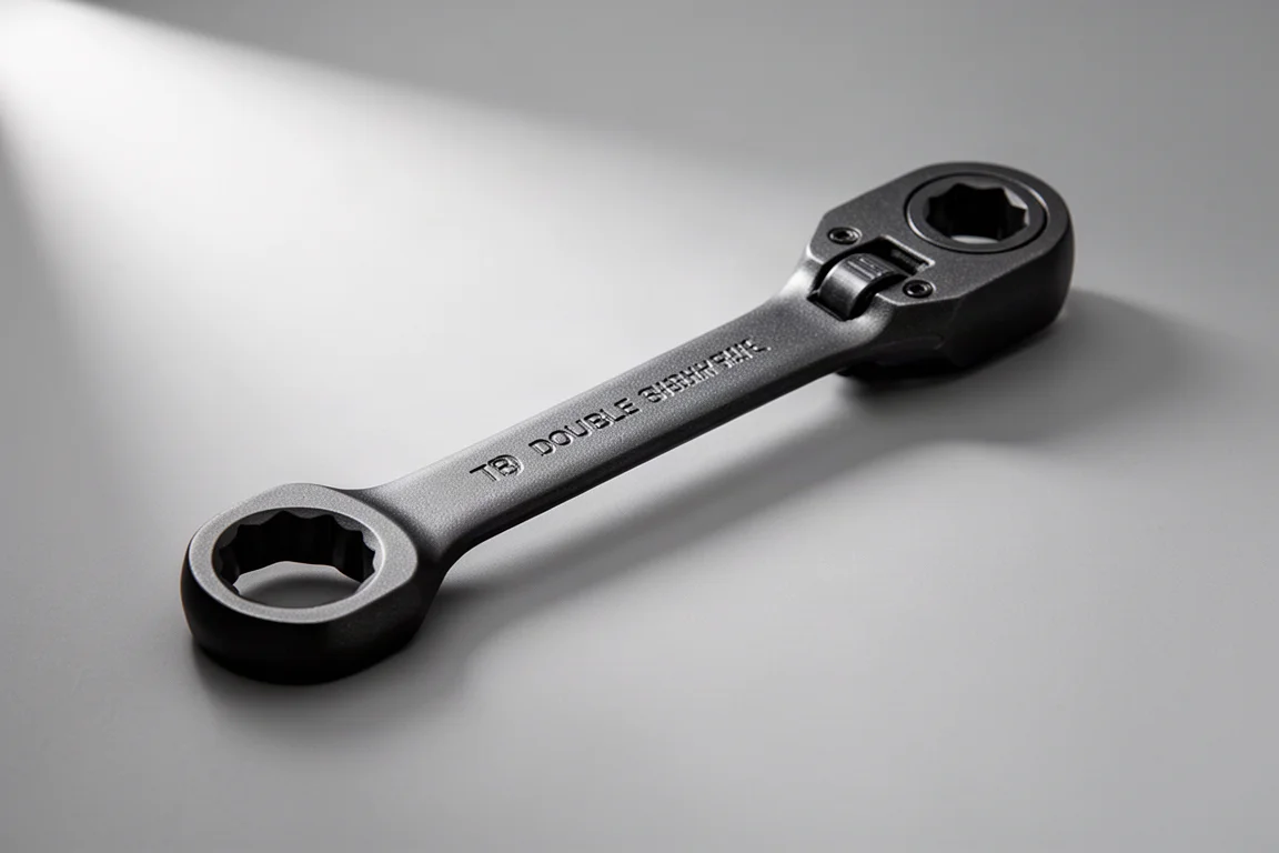 異なる仕上げの4本のラチェットフレックスヘッド両口メガネレンチがコンクリートの表面に並べられている
