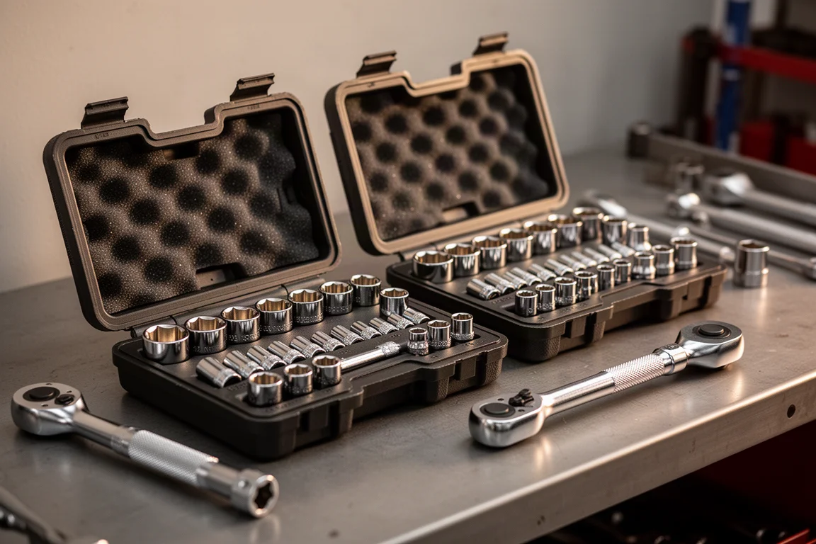 Mechanic's workbench with socket sets, foam organizers, and a flexible-head ratchet in warm shop light
