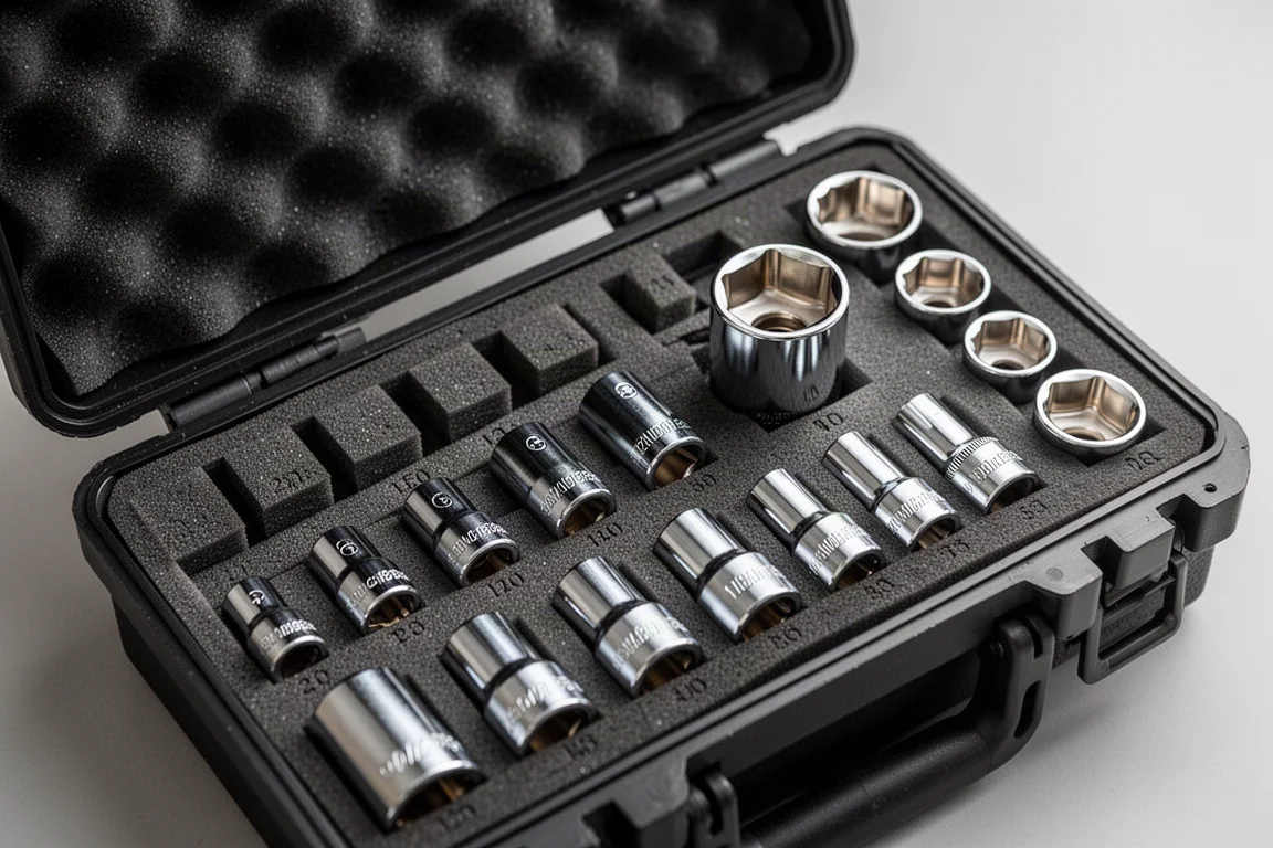 Open socket case with metric shallow and deep sockets seated in foam blocks