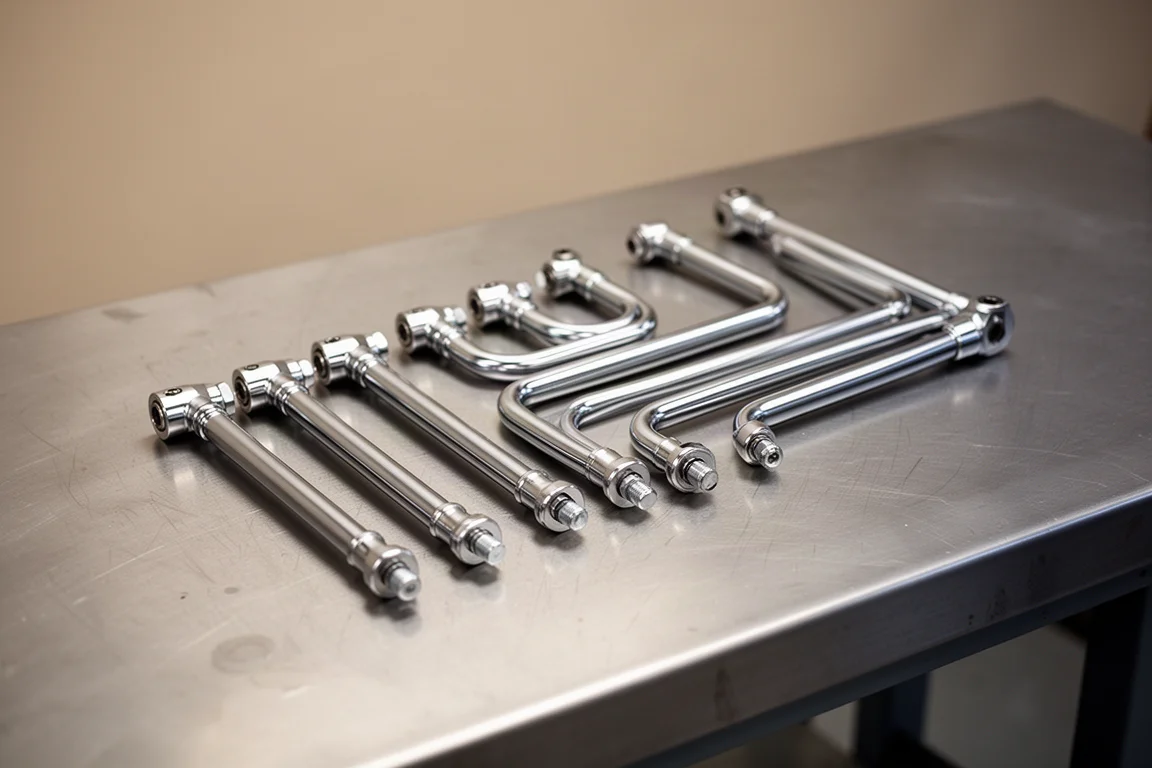 Set of chrome wobble extension bars arranged in size order on a steel surface