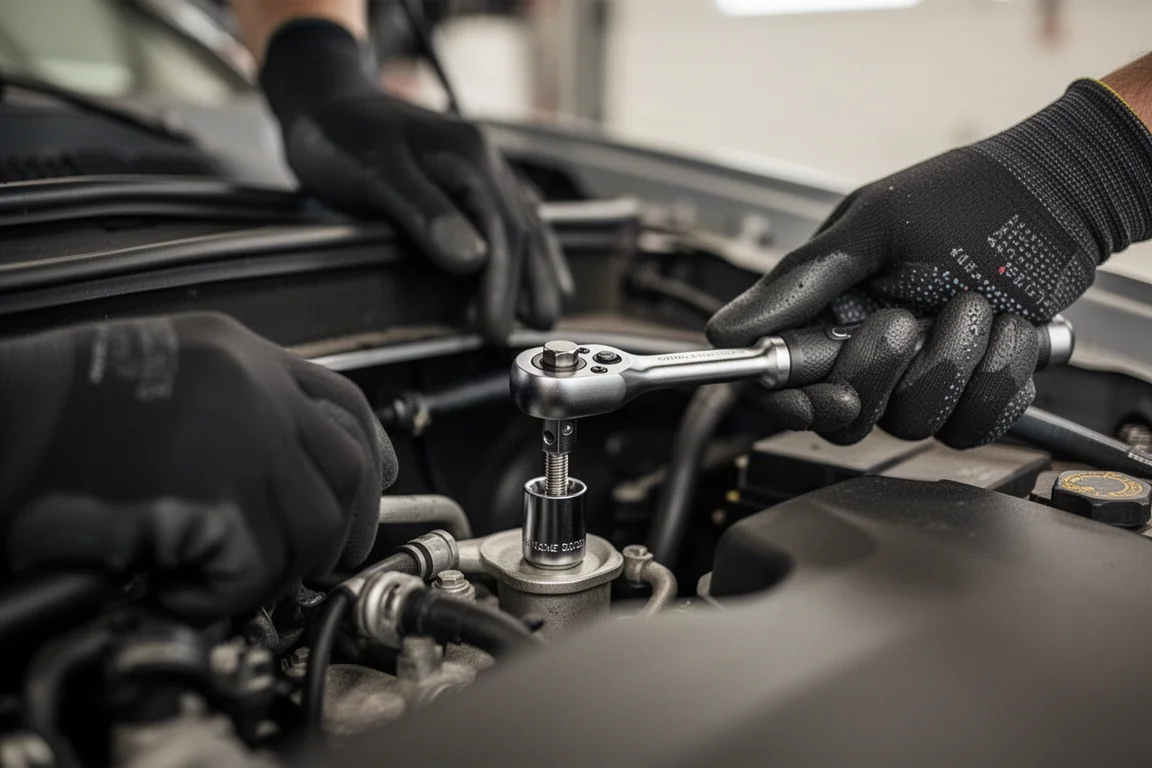 Mechanic's hands using a compact ratchet on a bolt inside a crowded engine bay