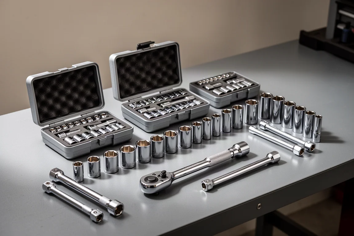 Assorted chrome socket sets, ratchets, and extensions arranged on a grey workshop bench